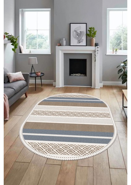 Modern Kilim Dijital Kaymaz Yıkanabilir Oval Yolluk Mutfak Salon Halısı O-Modern-18-Kahve fiyatları