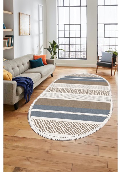 Modern Kilim Dijital Kaymaz Yıkanabilir Oval Yolluk Mutfak Salon Halısı O-Modern-18-Kahve fırsatları