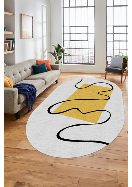 Baskılı Kaymaz Yıkanabilir Modern Oval Yolluk Mutfak Halısı Salon Halısı O-Modern-61-Sarı