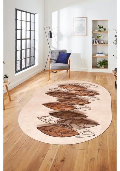 Baskılı Kaymaz Taban Yıkanabilir Yaprak Desenli Yolluk Mutfak Oval Salon Halısı O-Modern-08-Kahve
