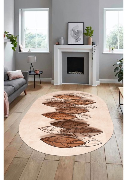 Baskılı Kaymaz Taban Yıkanabilir Yaprak Desenli Yolluk Mutfak Oval Salon Halısı O-Modern-08-Kahve