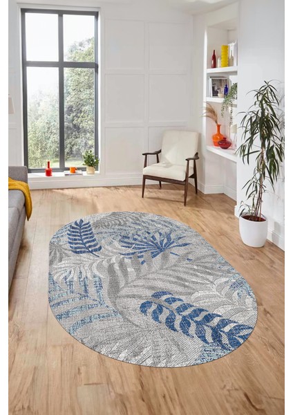 Baskılı Kaymaz Taban Yıkanabilir Yapraklı Oval Yolluk Mutfak Salon Halısı O-Modern-95-Mavi