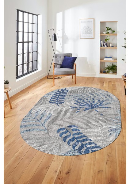 Baskılı Kaymaz Taban Yıkanabilir Yapraklı Oval Yolluk Mutfak Salon Halısı O-Modern-95-Mavi modelleri