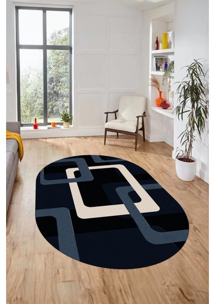 Şık Baskılı Kaymaz Yıkanabilir Modern Oval Yolluk Koridor Mutfak Salon Halısı O-Modern-40-Lacivert indirimleri