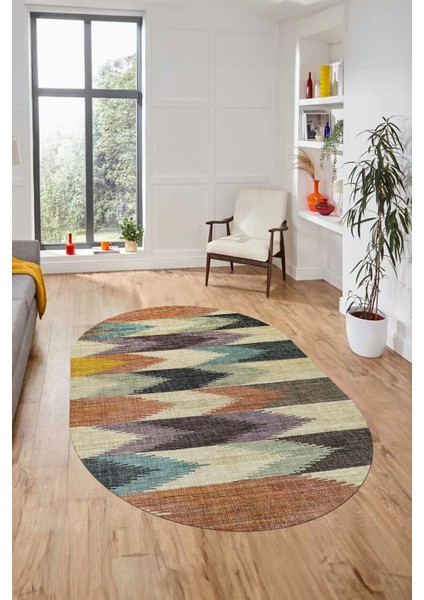 Renkli Desen Baskılı Kaymaz Taban Yıkanabilir Modern Oval Yolluk Salon Halısı O-MODERN-104-RENKLİ