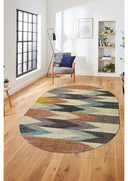 Renkli Desen Baskılı Kaymaz Taban Yıkanabilir Modern Oval Yolluk Salon Halısı O-MODERN-104-RENKLİ modelleri
