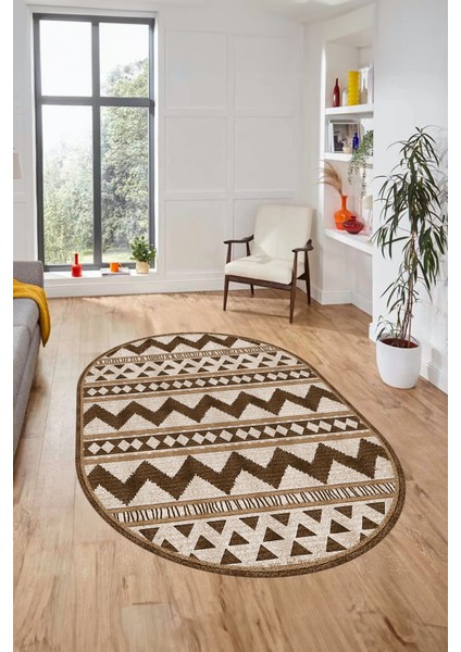 Kilim Desen Baskılı Kaymaz Taban Yıkanabilir Modern Oval Yolluk Salon Halısı O-MODERN-105-KAHVE