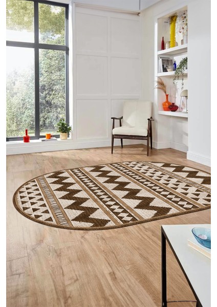 Kilim Desen Baskılı Kaymaz Taban Yıkanabilir Modern Oval Yolluk Salon Halısı O-MODERN-105-KAHVE fiyatları