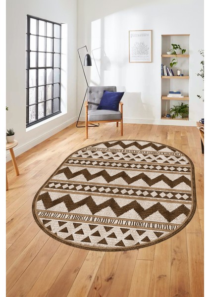 Kilim Desen Baskılı Kaymaz Taban Yıkanabilir Modern Oval Yolluk Salon Halısı O-MODERN-105-KAHVE modelleri