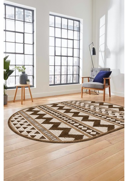 Kilim Desen Baskılı Kaymaz Taban Yıkanabilir Modern Oval Yolluk Salon Halısı O-MODERN-105-KAHVE fırsatları