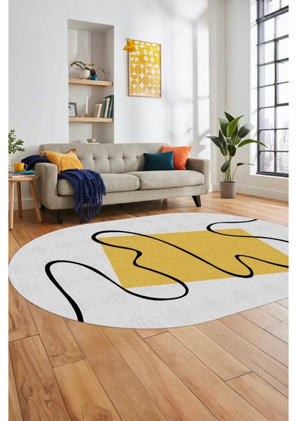 Baskılı Kaymaz Yıkanabilir Modern Oval Yolluk Mutfak Halısı Salon Halısı O-Modern-61-Sarı