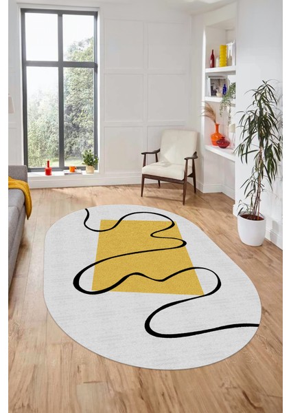 Baskılı Kaymaz Yıkanabilir Modern Oval Yolluk Mutfak Halısı Salon Halısı O-Modern-61-Sarı