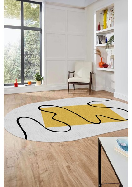 Baskılı Kaymaz Yıkanabilir Modern Oval Yolluk Mutfak Halısı Salon Halısı O-Modern-61-Sarı