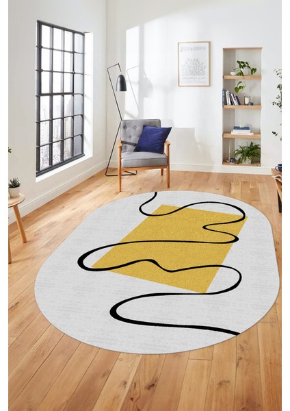 Baskılı Kaymaz Yıkanabilir Modern Oval Yolluk Mutfak Halısı Salon Halısı O-Modern-61-Sarı