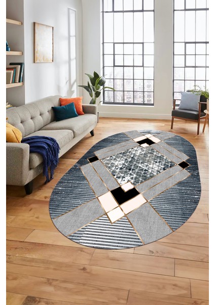 Şık Modern Desenli Dijital Kaymaz Yıkanabilir Oval Yolluk Mutfak Salon Halısı O-Modern-12-Mavi indirimleri