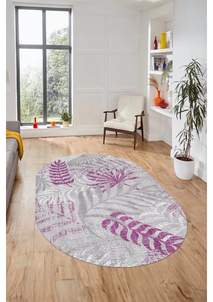 Baskılı Kaymaz Taban Yıkanabilir Yapraklı Oval Yolluk Mutfak Salon Halısı O-Modern-95-Mor