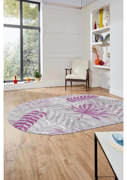 Baskılı Kaymaz Taban Yıkanabilir Yapraklı Oval Yolluk Mutfak Salon Halısı O-Modern-95-Mor fiyatları