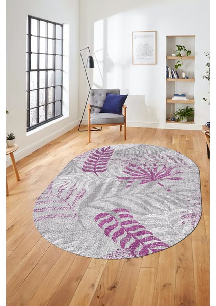 Baskılı Kaymaz Taban Yıkanabilir Yapraklı Oval Yolluk Mutfak Salon Halısı O-Modern-95-Mor modelleri