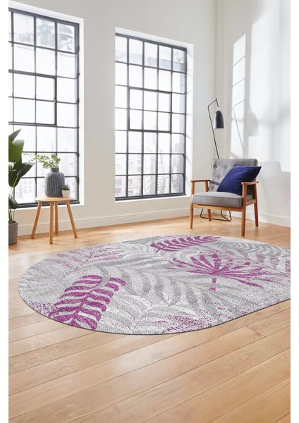 Baskılı Kaymaz Taban Yıkanabilir Yapraklı Oval Yolluk Mutfak Salon Halısı O-Modern-95-Mor fırsatları