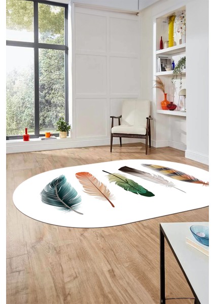 Yaprak Desen Baskılı Kaymaz Taban Yıkanabilir Modern Oval Yolluk Salon Halısı O-MODERN-114-BEYAZ