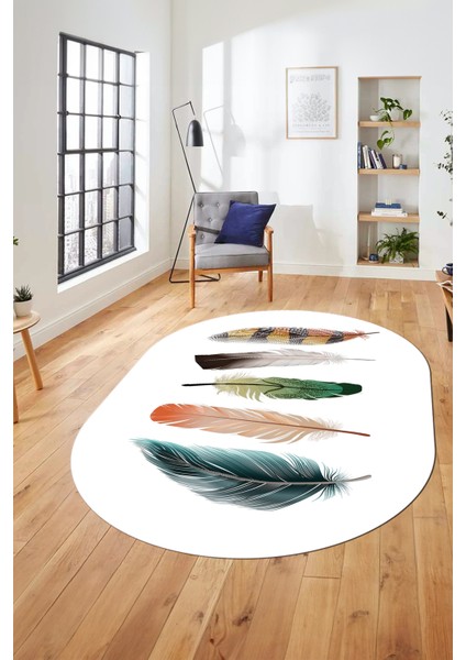 Yaprak Desen Baskılı Kaymaz Taban Yıkanabilir Modern Oval Yolluk Salon Halısı O-MODERN-114-BEYAZ fiyatları