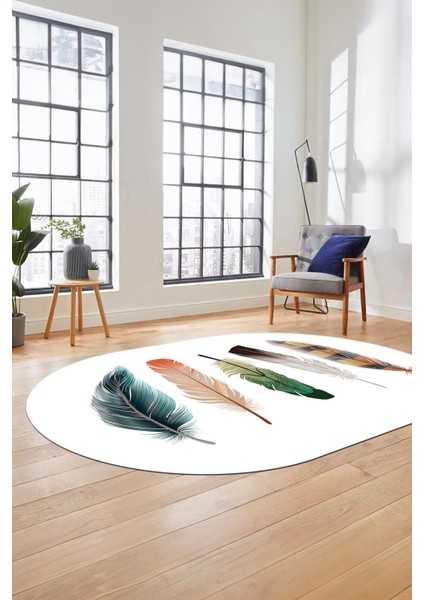Yaprak Desen Baskılı Kaymaz Taban Yıkanabilir Modern Oval Yolluk Salon Halısı O-MODERN-114-BEYAZ modelleri