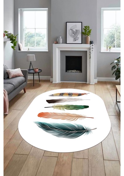 Yaprak Desen Baskılı Kaymaz Taban Yıkanabilir Modern Oval Yolluk Salon Halısı O-MODERN-114-BEYAZ fırsatları
