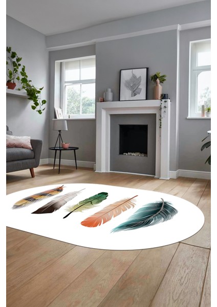 Yaprak Desen Baskılı Kaymaz Taban Yıkanabilir Modern Oval Yolluk Salon Halısı O-MODERN-114-BEYAZ indirimleri