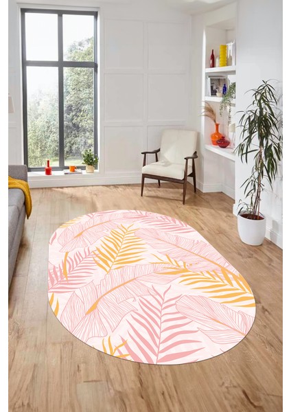 Yapraklı Baskılı Kaymaz Taban Yıkanabilir Modern Oval Yolluk Salon Halısı O-Modern-98-Pembe