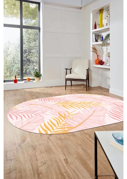 Yapraklı Baskılı Kaymaz Taban Yıkanabilir Modern Oval Yolluk Salon Halısı O-Modern-98-Pembe fiyatları