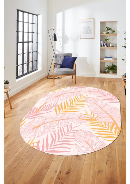 Yapraklı Baskılı Kaymaz Taban Yıkanabilir Modern Oval Yolluk Salon Halısı O-Modern-98-Pembe modelleri