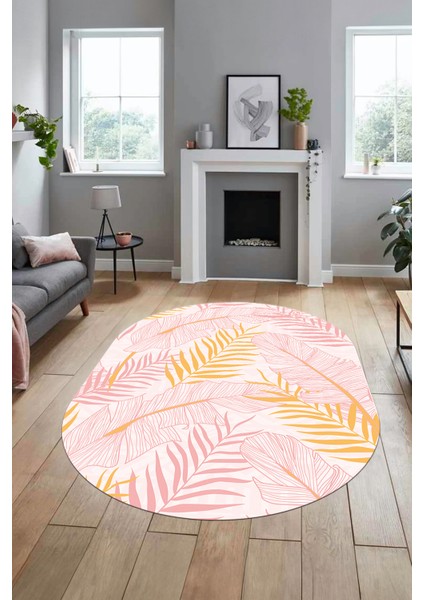 Yapraklı Baskılı Kaymaz Taban Yıkanabilir Modern Oval Yolluk Salon Halısı O-Modern-98-Pembe indirimleri
