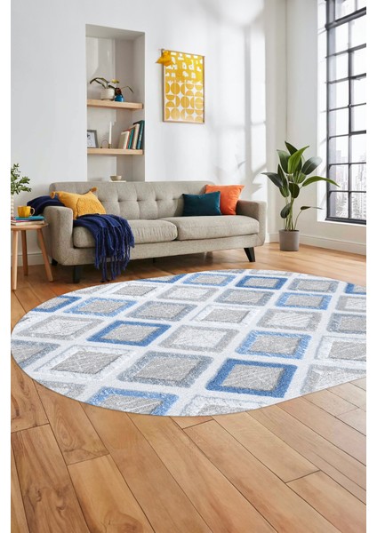 Baskılı Kaymaz Yıkanabilir Baklava Desen Oval Yolluk Halısı Salon Halısı O-Modern-66-Mavi fiyatları
