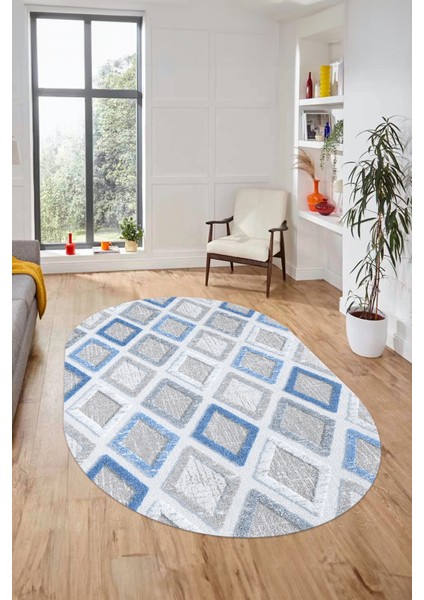 Baskılı Kaymaz Yıkanabilir Baklava Desen Oval Yolluk Halısı Salon Halısı O-Modern-66-Mavi modelleri