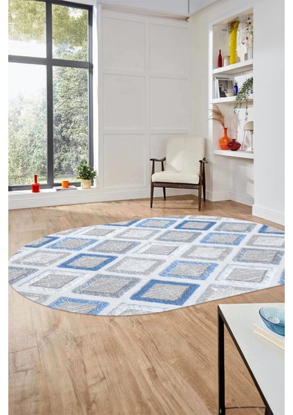 Baskılı Kaymaz Yıkanabilir Baklava Desen Oval Yolluk Halısı Salon Halısı O-Modern-66-Mavi fırsatları
