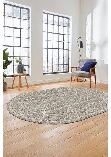 Kilim Desen Baskılı Kaymaz Taban Yıkanabilir Modern Oval Yolluk Salon Halısı O-MODERN-108-BEJ modelleri