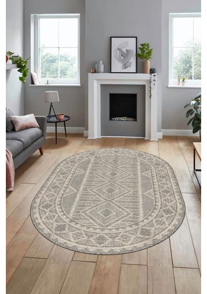 Kilim Desen Baskılı Kaymaz Taban Yıkanabilir Modern Oval Yolluk Salon Halısı O-MODERN-108-BEJ fırsatları