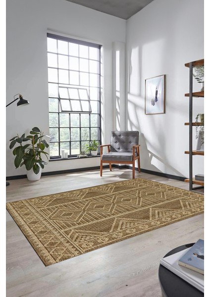 Kilim Desen Baskılı Kaymaz Taban Yıkanabilir Modern Yolluk Salon Halısı MODERN-108-KAHVE