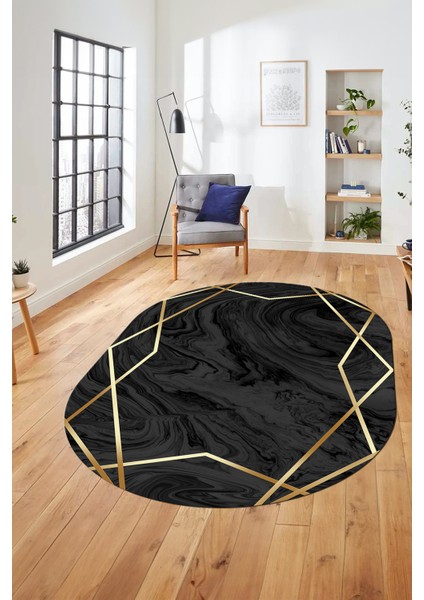 Baskılı Kaymaz Taban Yıkanabilir Modern Yolluk Mutfak Oval Salon Halısı O-Modern-05-Antrasit