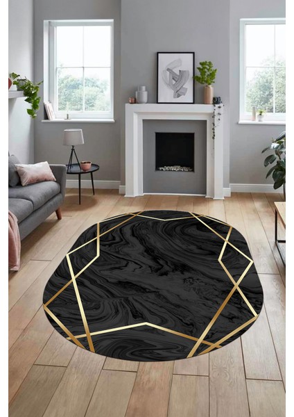 Baskılı Kaymaz Taban Yıkanabilir Modern Yolluk Mutfak Oval Salon Halısı O-Modern-05-Antrasit