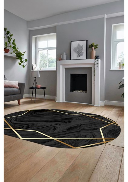 Baskılı Kaymaz Taban Yıkanabilir Modern Yolluk Mutfak Oval Salon Halısı O-Modern-05-Antrasit