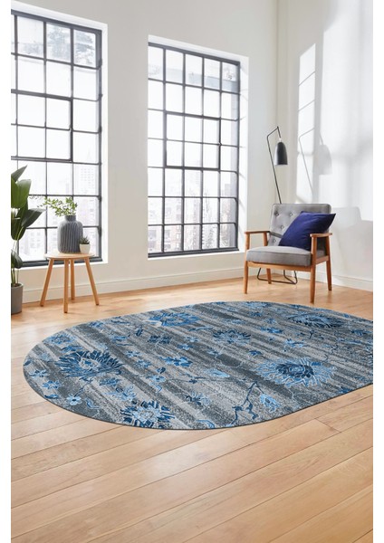Modern Etnik Desen Dijital Kaymaz Yıkanabilir Oval Yolluk Mutfak Salon Halısı O-Modern-30-Mavi