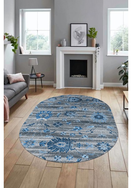 Modern Etnik Desen Dijital Kaymaz Yıkanabilir Oval Yolluk Mutfak Salon Halısı O-Modern-30-Mavi fiyatları
