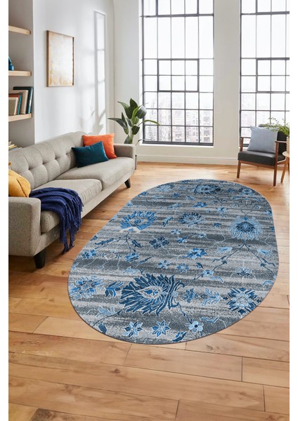 Modern Etnik Desen Dijital Kaymaz Yıkanabilir Oval Yolluk Mutfak Salon Halısı O-Modern-30-Mavi fırsatları
