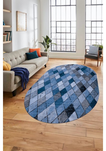 Baklava Desenli Dijital Kaymaz Yıkanabilir Oval Yolluk Mutfak Salon Halısı O-Modern-31-Mavi modelleri