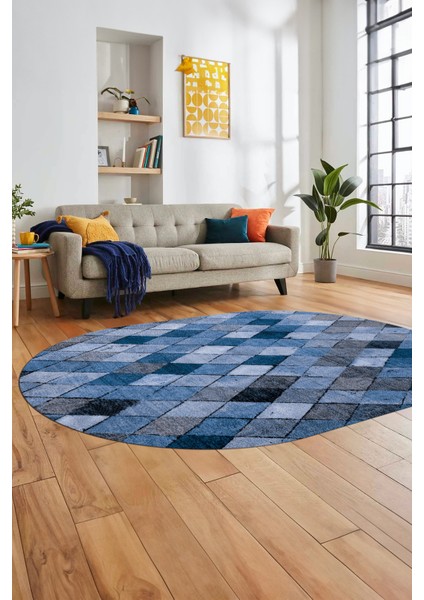 Baklava Desenli Dijital Kaymaz Yıkanabilir Oval Yolluk Mutfak Salon Halısı O-Modern-31-Mavi fırsatları
