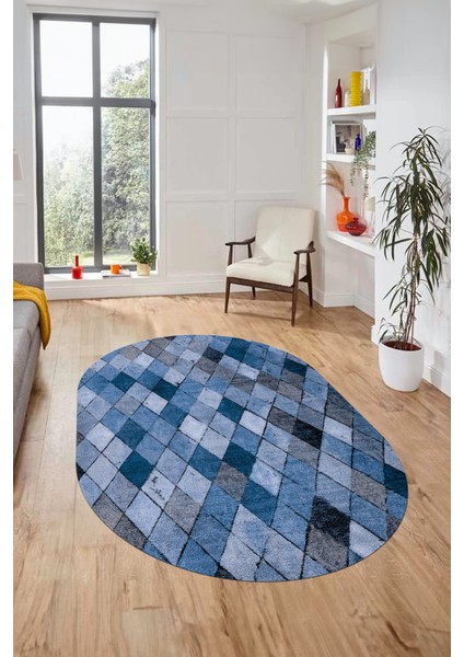 Baklava Desenli Dijital Kaymaz Yıkanabilir Oval Yolluk Mutfak Salon Halısı O-Modern-31-Mavi indirimleri