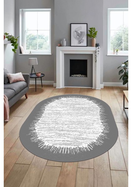 Baskılı Kaymaz Yıkanabilir Sade Desen Oval Yolluk Mutfak Salon Halısı O-Modern-43-Gri