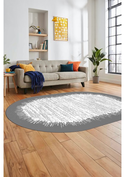 Baskılı Kaymaz Yıkanabilir Sade Desen Oval Yolluk Mutfak Salon Halısı O-Modern-43-Gri fırsatları