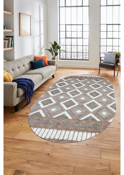 3D Dijital Kaymaz Yıkanabilir Şık Kilim Desen Oval Yolluk Halısı Salon Halısı O-Modern-69-Kahve